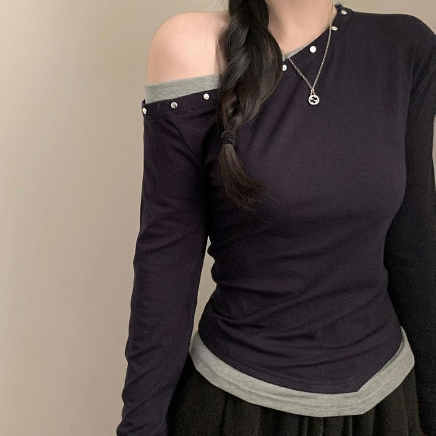 Studded Mock-Layered Top with One Shoulder & Long Sleeves