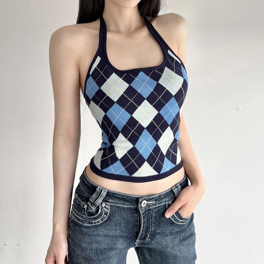 Halter Argyle Knit Shirt
