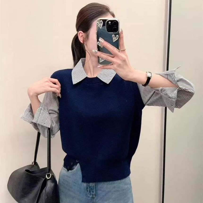 Striped Knit Panel Cropped Blouse, Collared Mock Two-Piece Long-Sleeve