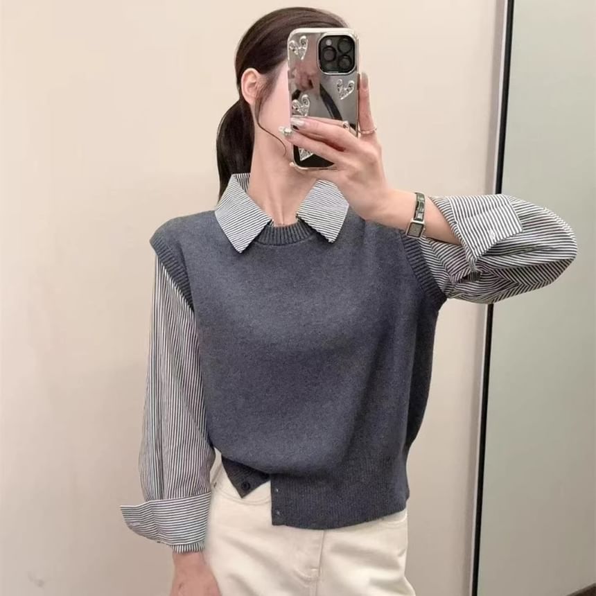 Striped Knit Panel Cropped Blouse, Collared Mock Two-Piece Long-Sleeve