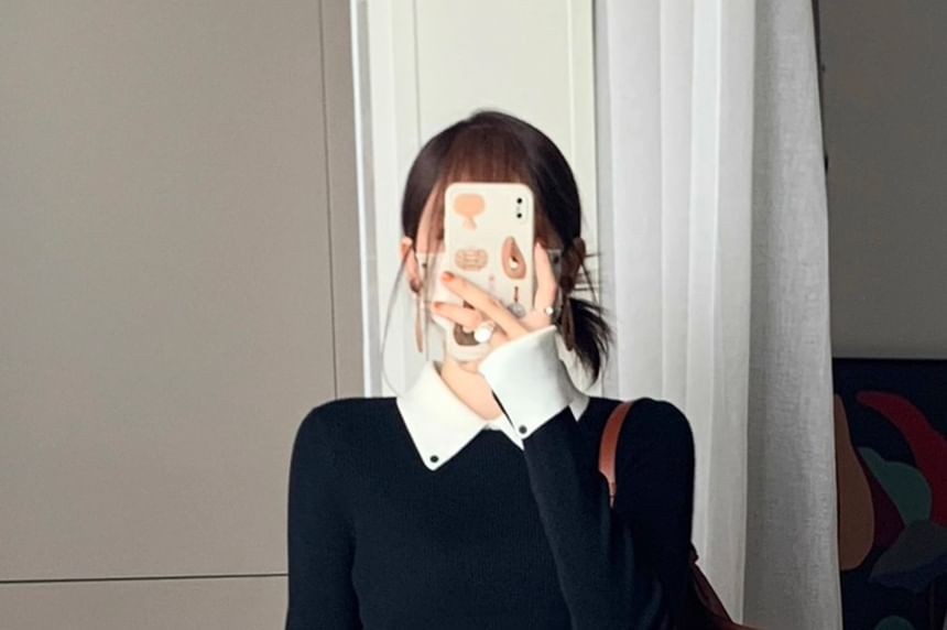 Two-Tone Ribbed Knit Collared Top with Long Sleeves