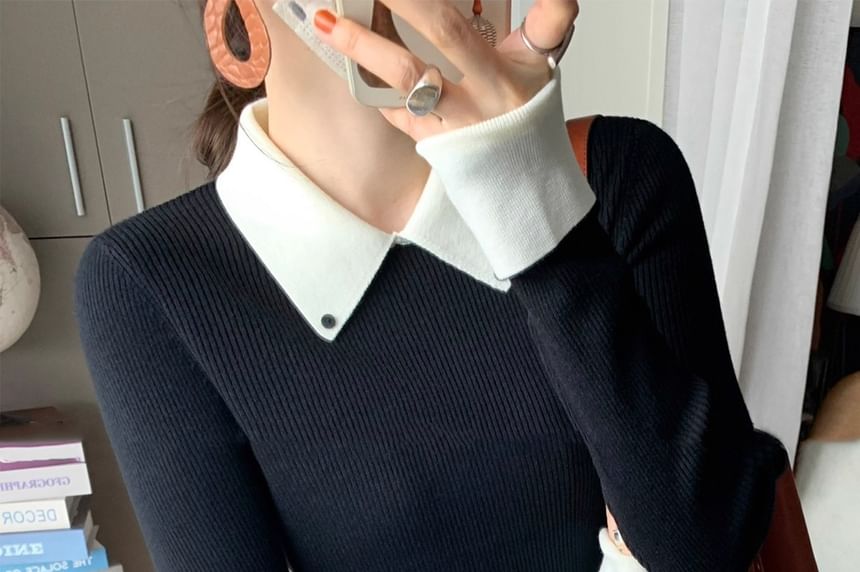 Two-Tone Ribbed Knit Collared Top with Long Sleeves