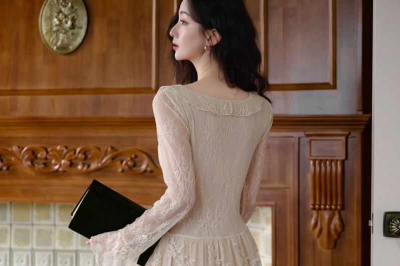 Long Sleeve V-Neck Plain Ruffle Tiered Lace Maxi A-Line Dress