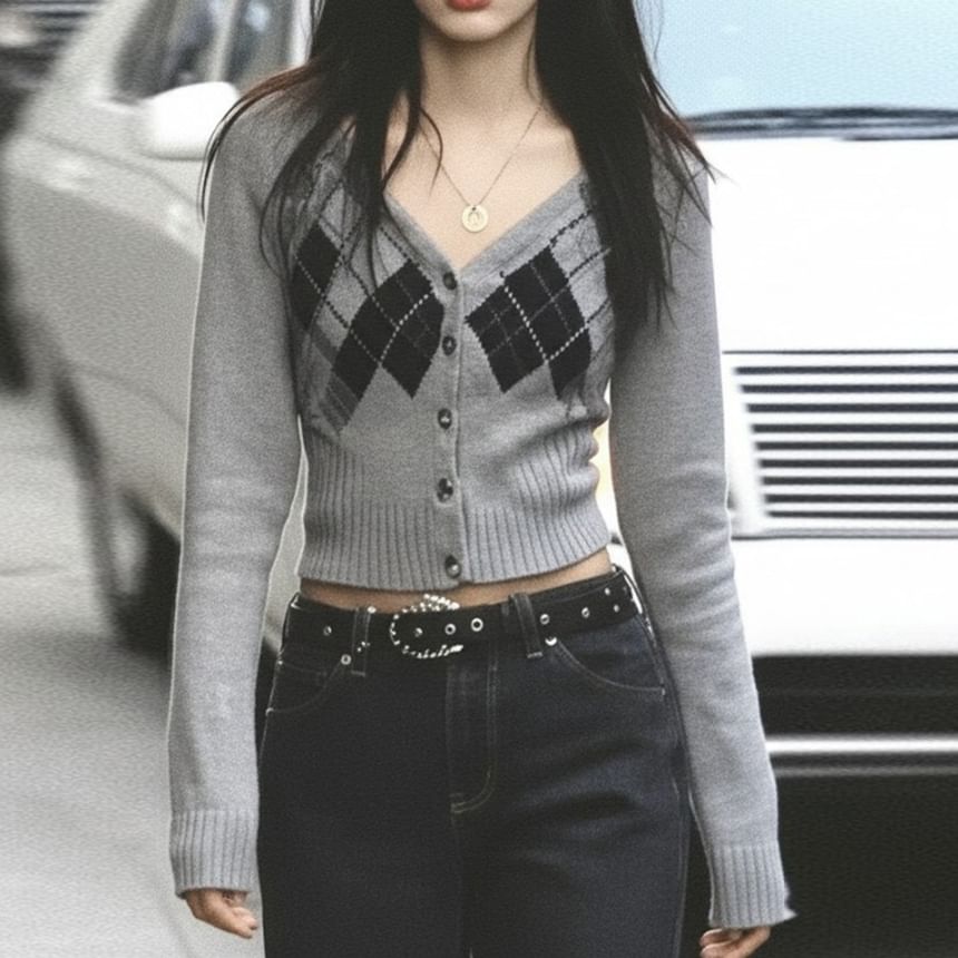 Argyle V-Neck Button Crop Knit Top Long Sleeve