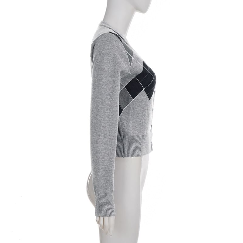 Argyle V-Neck Button Crop Knit Top Long Sleeve