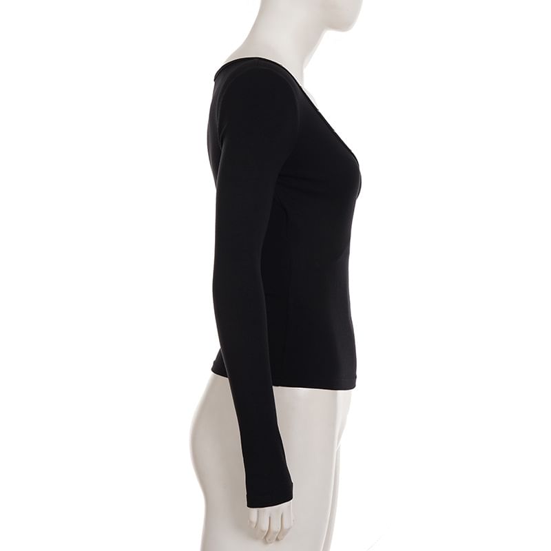 Studded V-Neck Fitted Long-Sleeve Tee