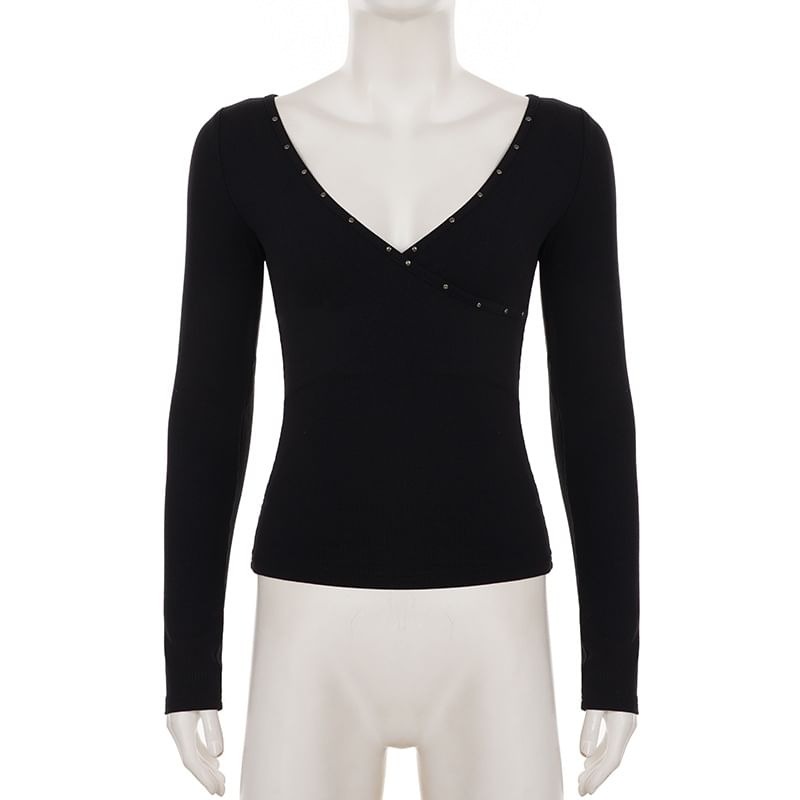 Studded V-Neck Fitted Long-Sleeve Tee