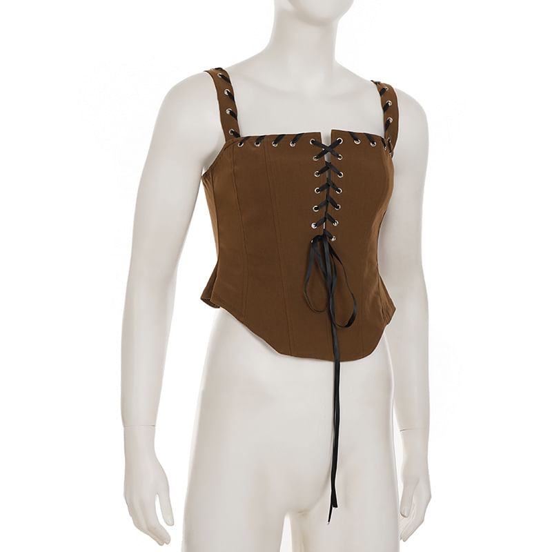 Grommet Lace-Up Crop Camisole Slim-Fit Top