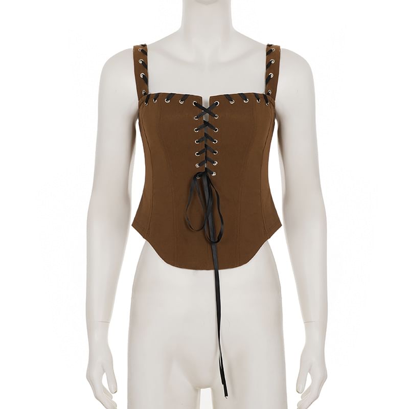 Grommet Lace-Up Crop Camisole Slim-Fit Top