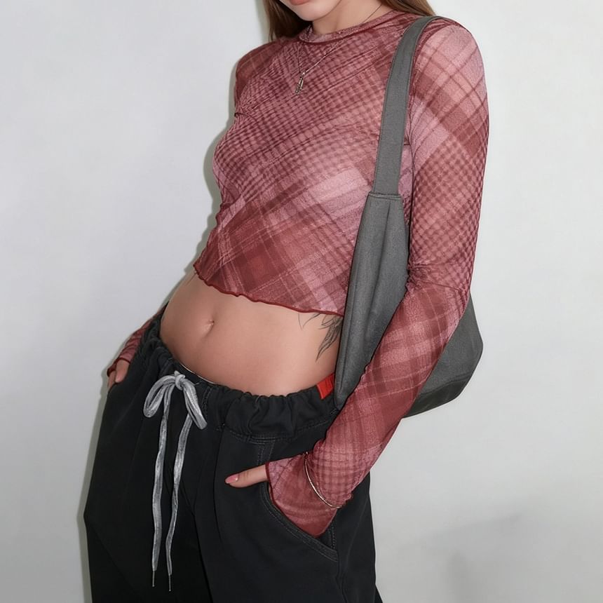 Plaid Mesh Crop Top with Round Neck and Long Sleeves