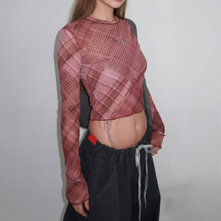 Plaid Mesh Crop Top with Round Neck and Long Sleeves