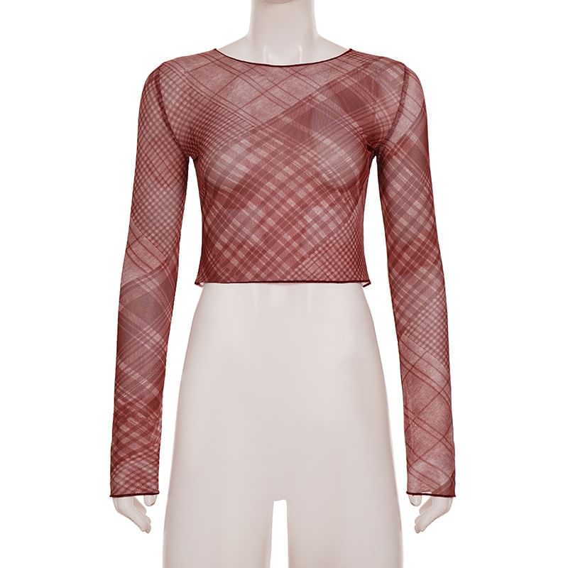 Plaid Mesh Crop Top with Round Neck and Long Sleeves