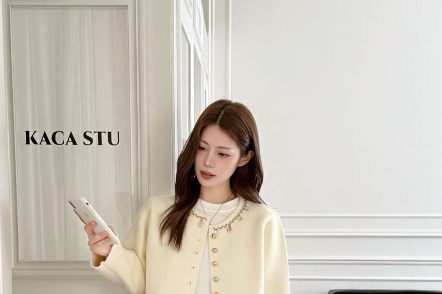 Round Neck Contrast Trim Button Up Wool Jacket