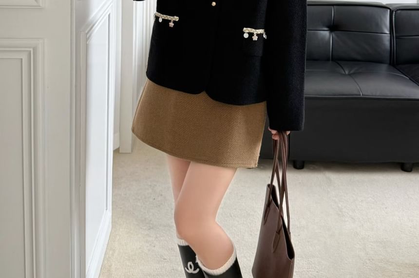 Round Neck Contrast Trim Button Up Wool Jacket