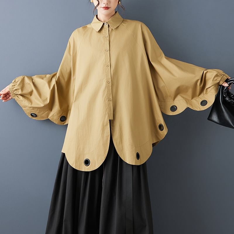 Oversized Batwing Blouse with Collar and Metal Button Details
