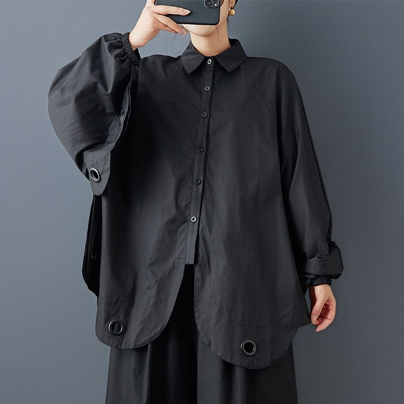 Oversized Batwing Blouse with Collar and Metal Button Details