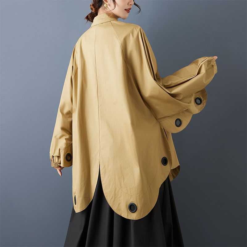 Oversized Batwing Blouse with Collar and Metal Button Details
