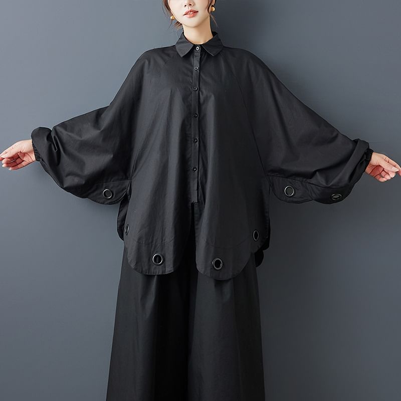 Oversized Batwing Blouse with Collar and Metal Button Details