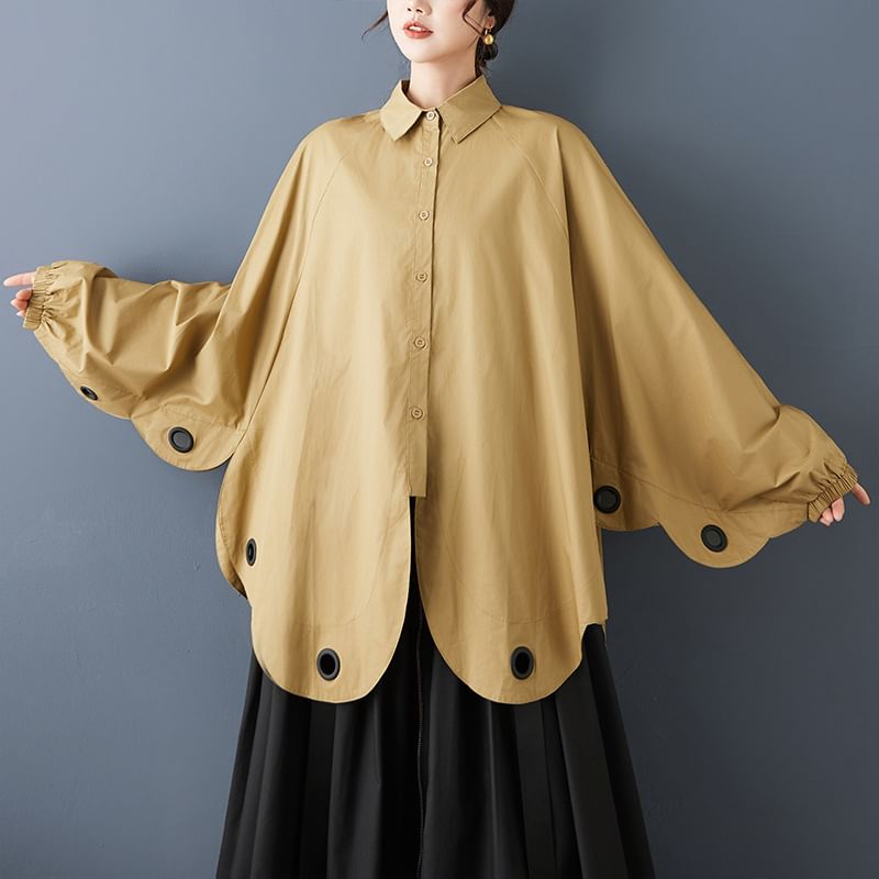 Oversized Batwing Blouse with Collar and Metal Button Details