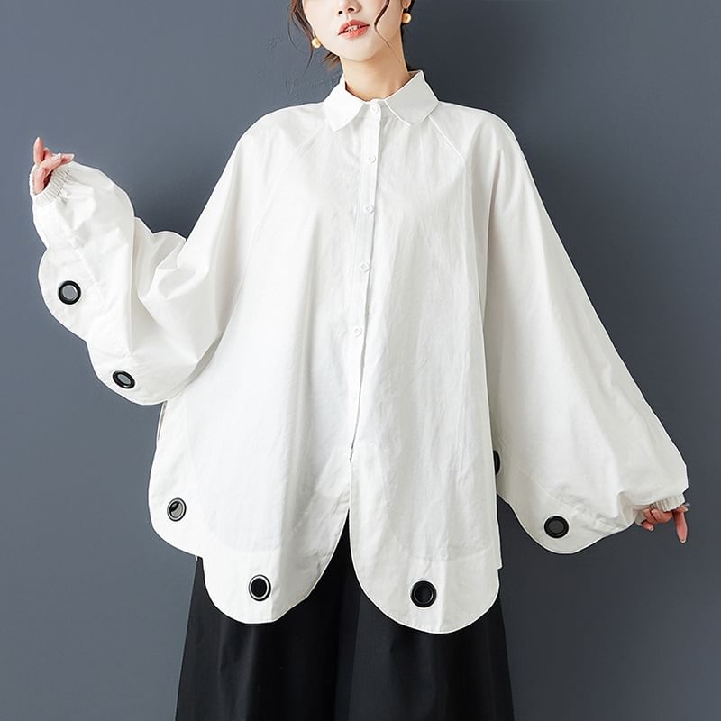 Oversized Batwing Blouse with Collar and Metal Button Details