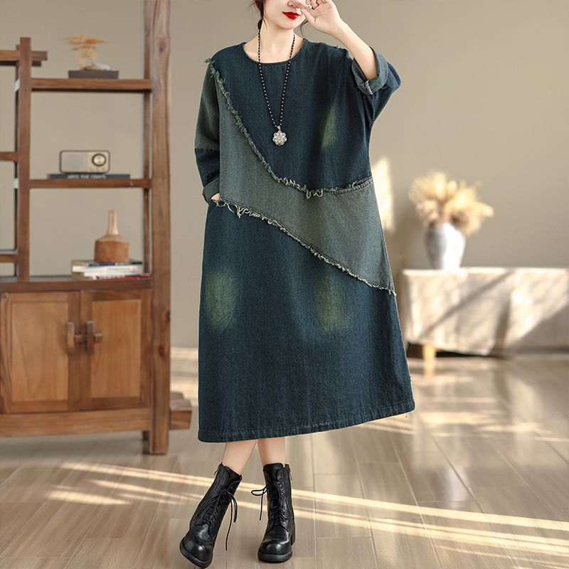 Frayed Denim Midi Tunic Dress with Contrasting Long Sleeves