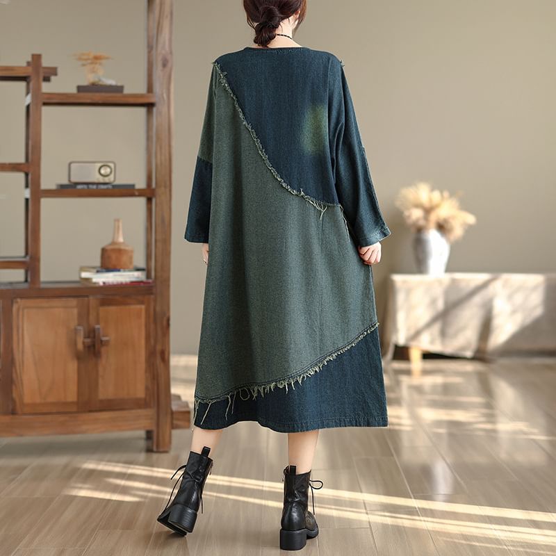 Frayed Denim Midi Tunic Dress with Contrasting Long Sleeves