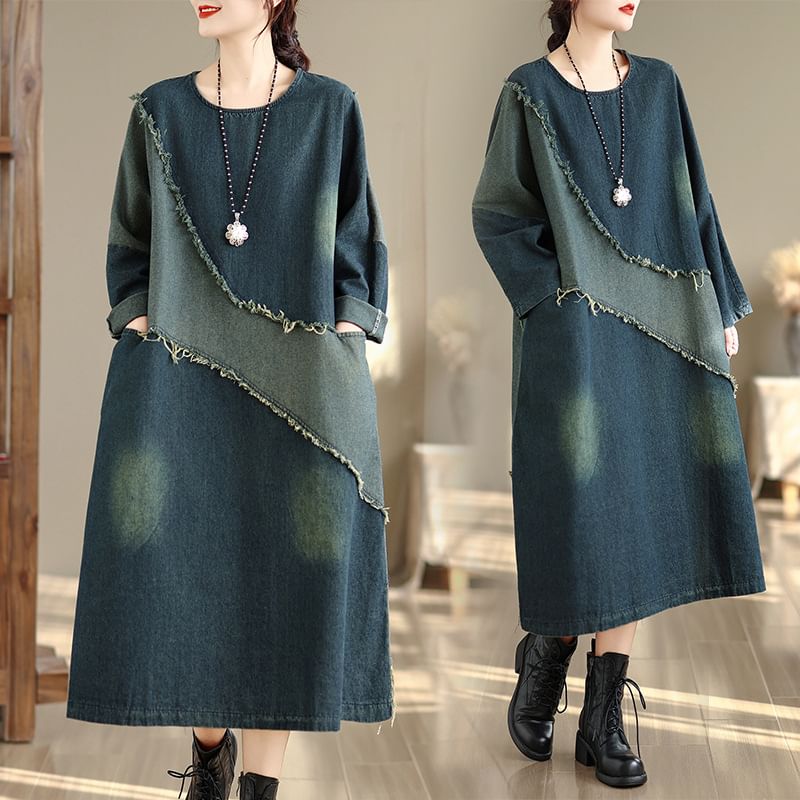 Frayed Denim Midi Tunic Dress with Contrasting Long Sleeves