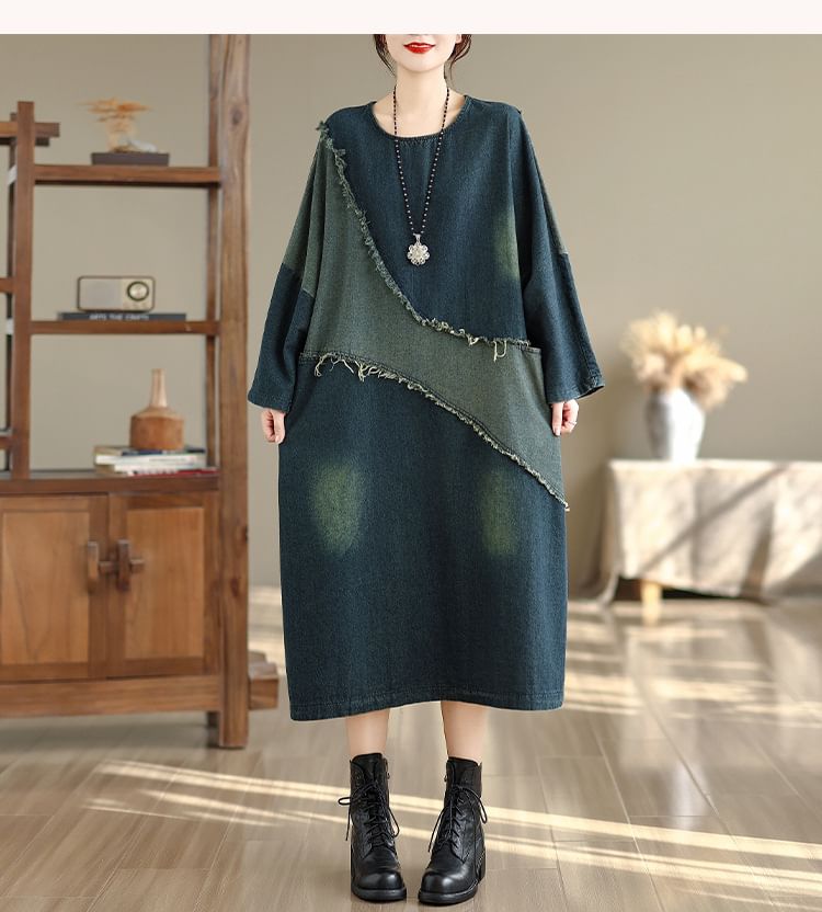 Frayed Denim Midi Tunic Dress with Contrasting Long Sleeves
