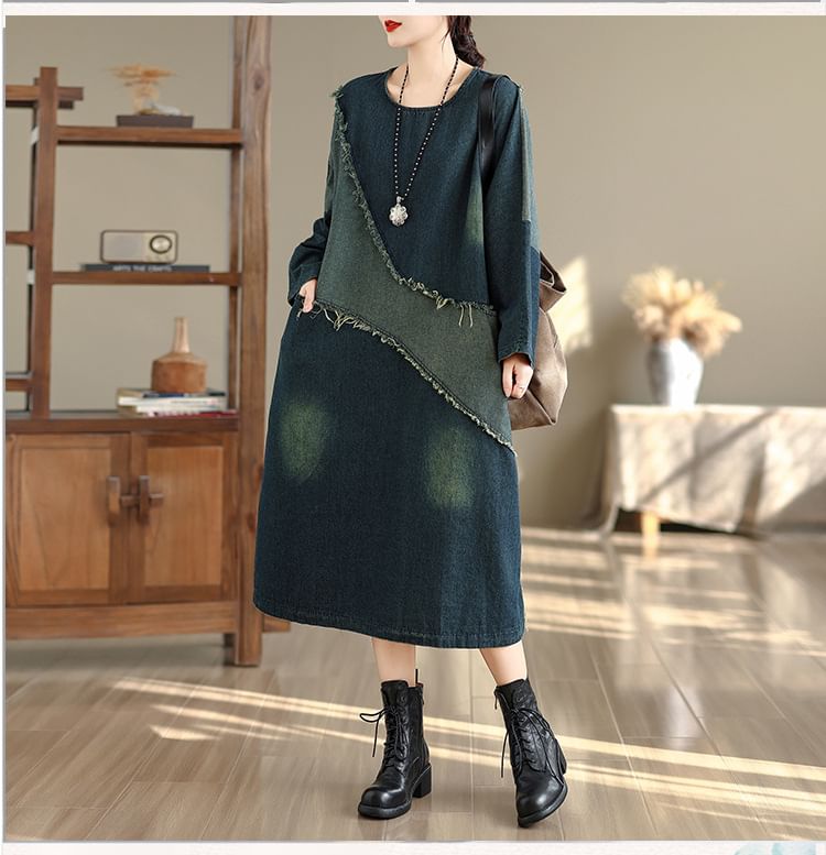 Frayed Denim Midi Tunic Dress with Contrasting Long Sleeves