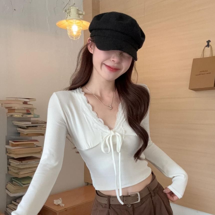 Lace-Trim Tie-Front V-Neck Fitted Long-Sleeve Top