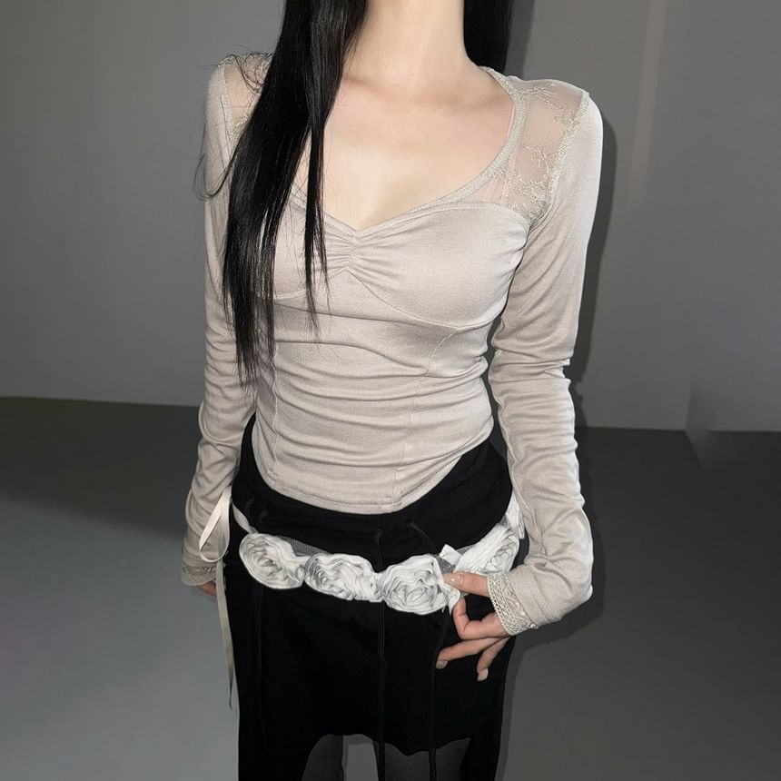 Ruching V-Neck Lace Panel Fitted Long-Sleeve Top