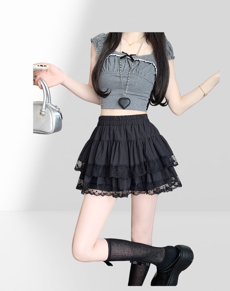 Lace Trim Tiered Mini A-Line Skirt Elastic Waist