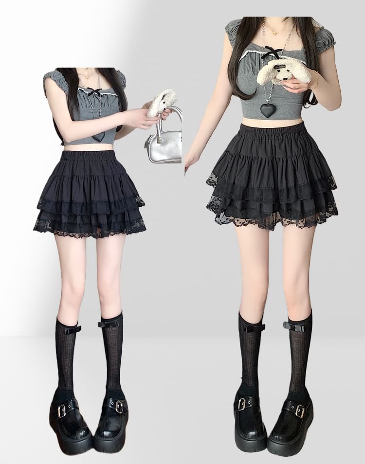 Lace Trim Tiered Mini A-Line Skirt Elastic Waist