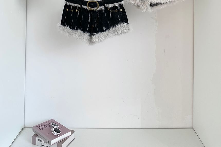 Mid Rise Fluffy Trim Denim Shorts