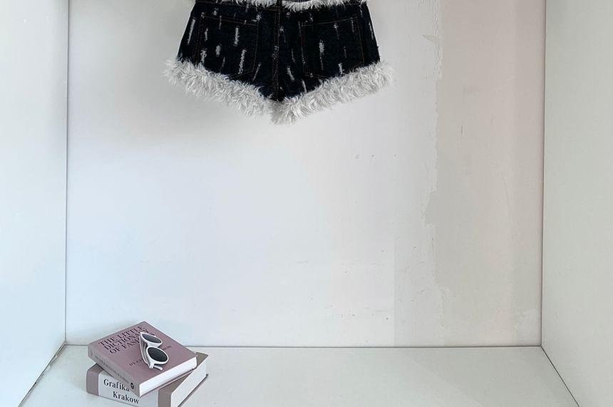 Mid Rise Fluffy Trim Denim Shorts