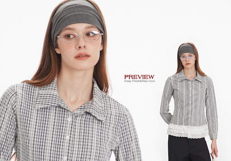Plaid Lace-Trimmed Slim Shirt with Collar and Long Sleeves