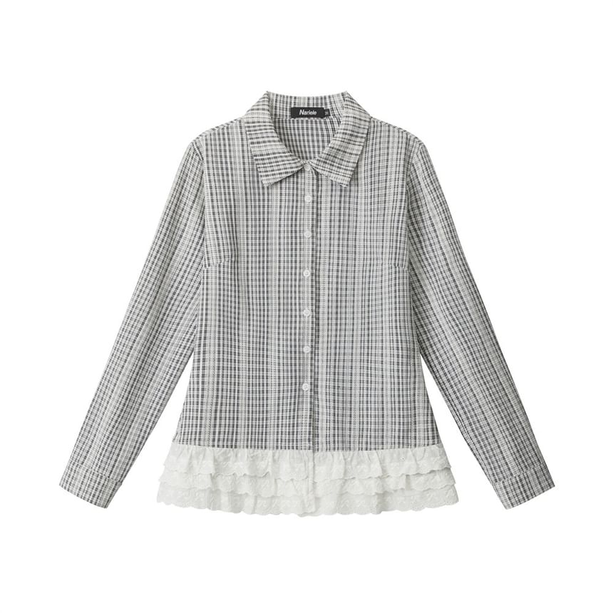 Plaid Lace-Trimmed Slim Shirt with Collar and Long Sleeves