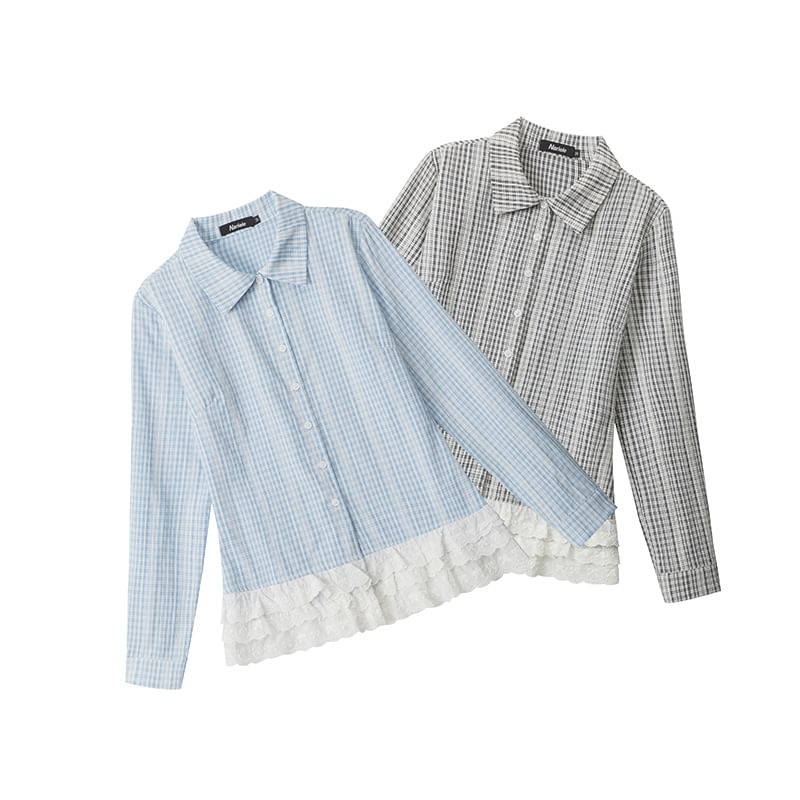 Plaid Lace-Trimmed Slim Shirt with Collar and Long Sleeves