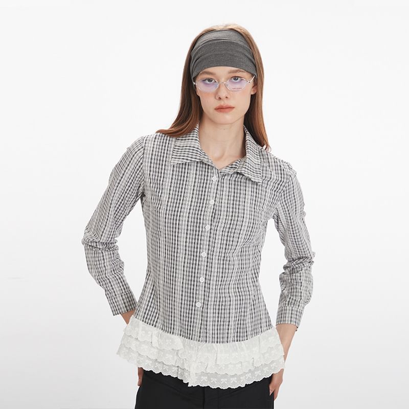 Plaid Lace-Trimmed Slim Shirt with Collar and Long Sleeves