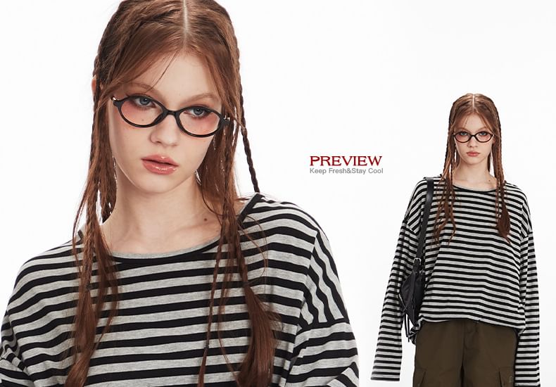 Striped Crew Neck Loose-Fit Long-Sleeve Tee