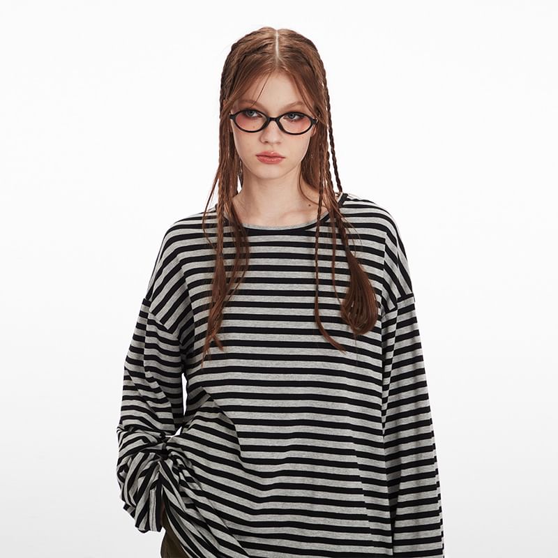 Striped Crew Neck Loose-Fit Long-Sleeve Tee