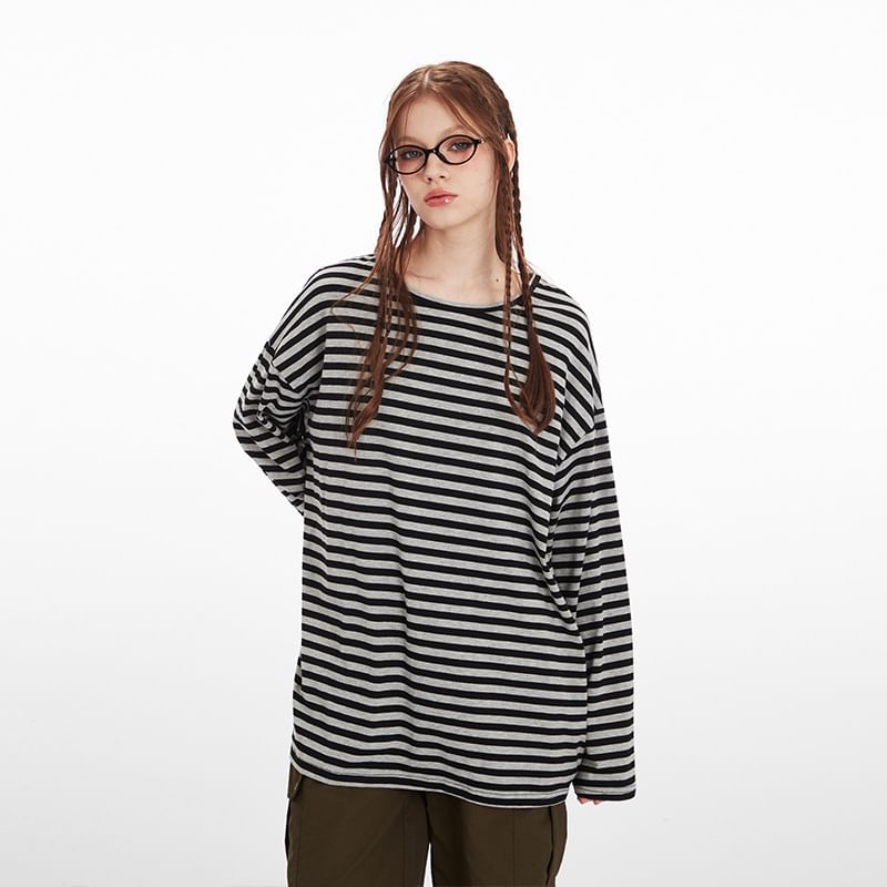 Striped Crew Neck Loose-Fit Long-Sleeve Tee