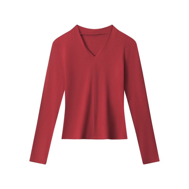 Ribbed Knit V-Neck Fitted Long-Sleeve Top