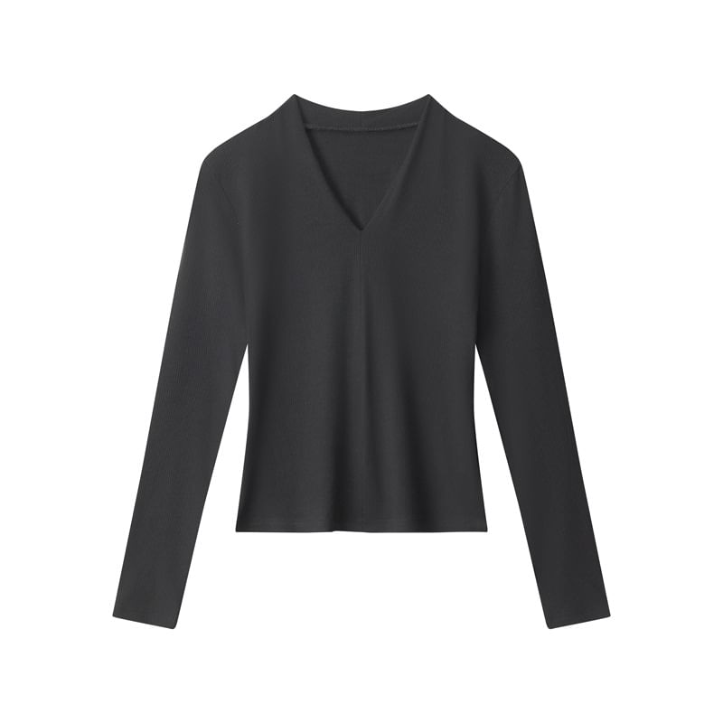Ribbed Knit V-Neck Fitted Long-Sleeve Top
