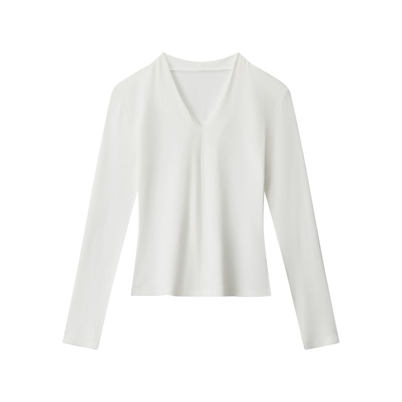 Ribbed Knit V-Neck Fitted Long-Sleeve Top