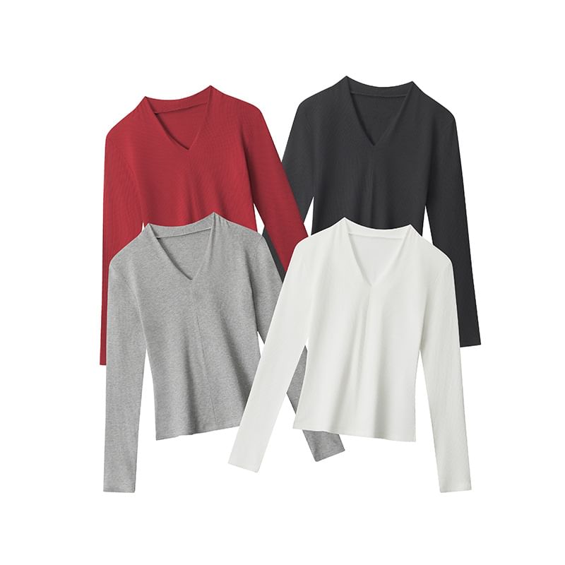Ribbed Knit V-Neck Fitted Long-Sleeve Top