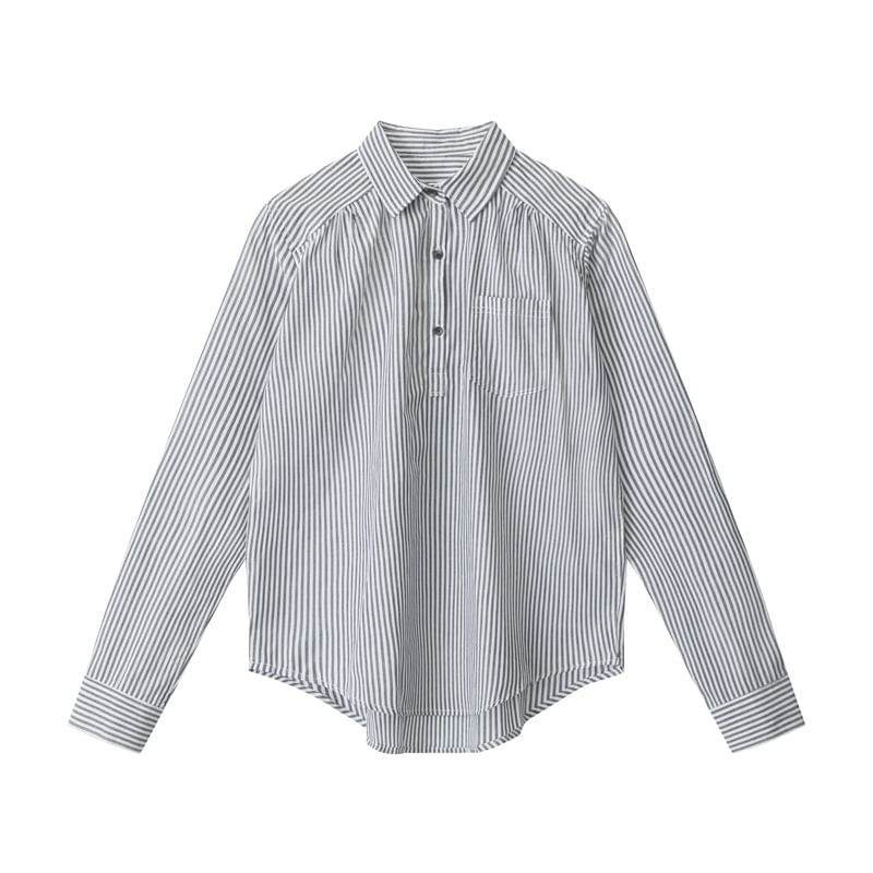 Striped Collared V-Neck Fitted Long-Sleeve Shirt