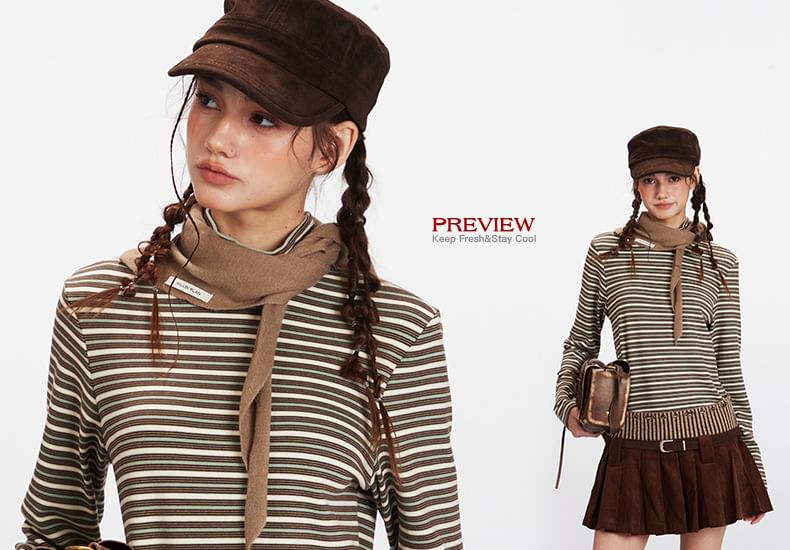 Striped Mock Neck Fitted Long-Sleeve Tee