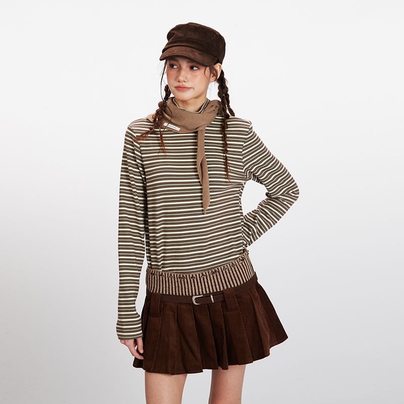 Striped Mock Neck Fitted Long-Sleeve Tee