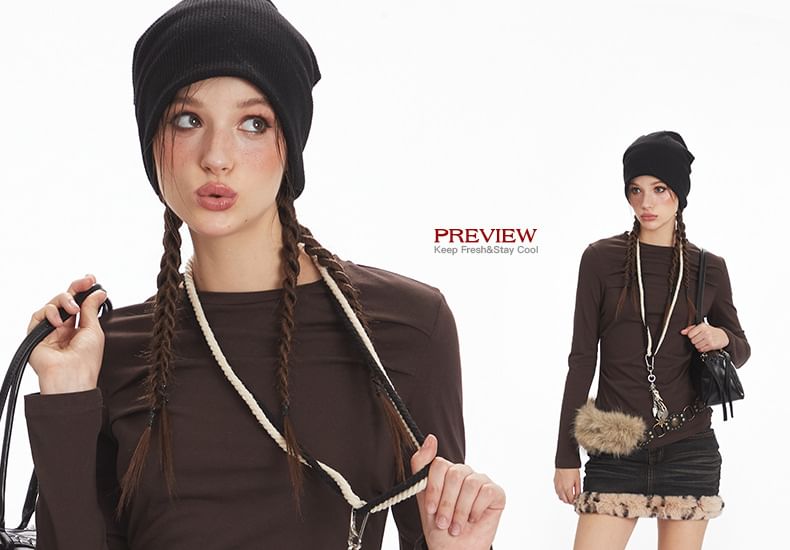 Crew Neck Ruched Fitted Long-Sleeve Tee
